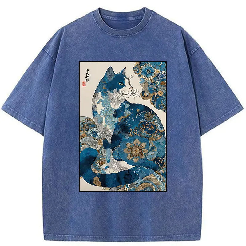 Kyoto-Lion Japanese Ukiyo-e Flowers Cat Washed T-Shirt