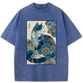 Kyoto-Lion Japanese Ukiyo-e Flowers Cat Washed T-Shirt