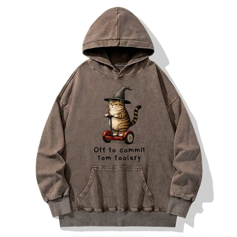 Kyoto-Lion Orange Cat Riding Segway-style Washed Hoodie