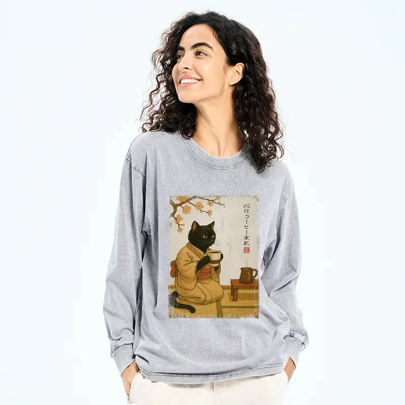 Kyoto-Lion Cat Heart Full Of Coffee Washed Long Sleeve T-Shirt