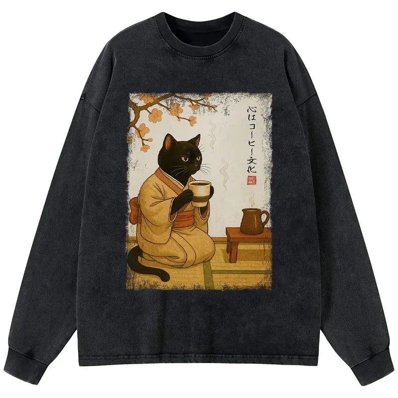 Washed Coffee Cat T-Shirt for Men