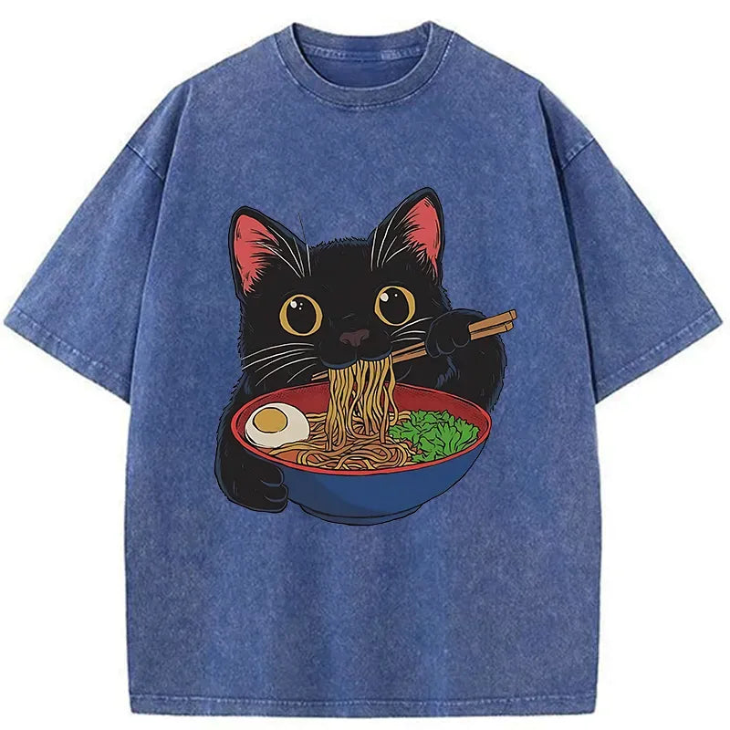 Japanese Black Cat Ramen Washed T-Shirt