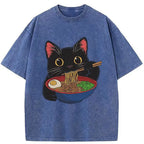 Japanese Black Cat Ramen Washed T-Shirt