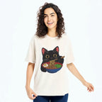 Japanese Black Cat Ramen Washed T-Shirt