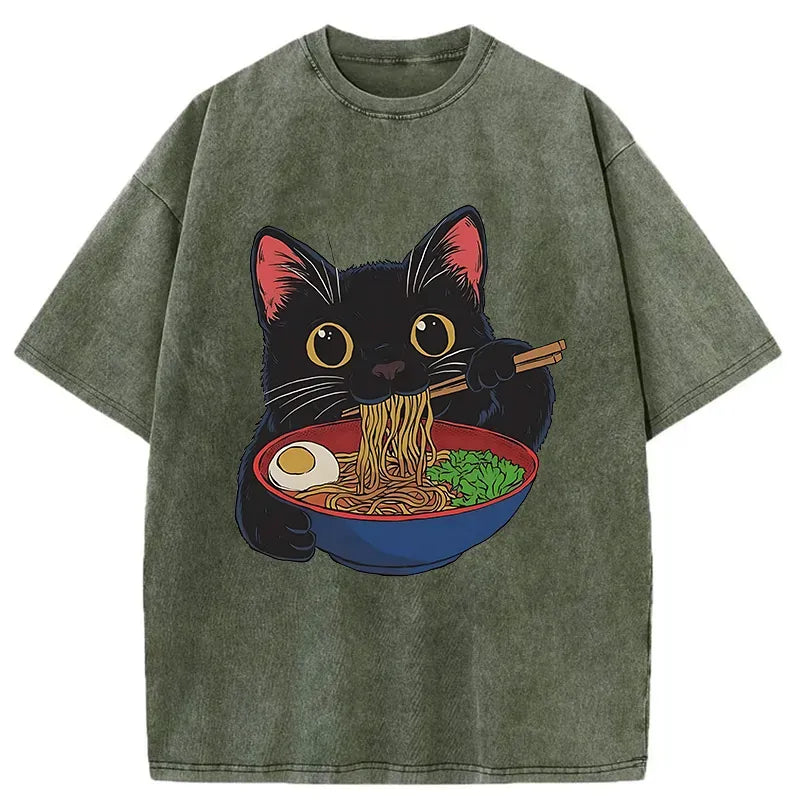 Kyoto-Lion Black Cat Ate Japan Ramen Washed T-Shirt