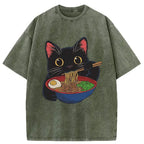 Kyoto-Lion Black Cat Ate Japan Ramen Washed T-Shirt