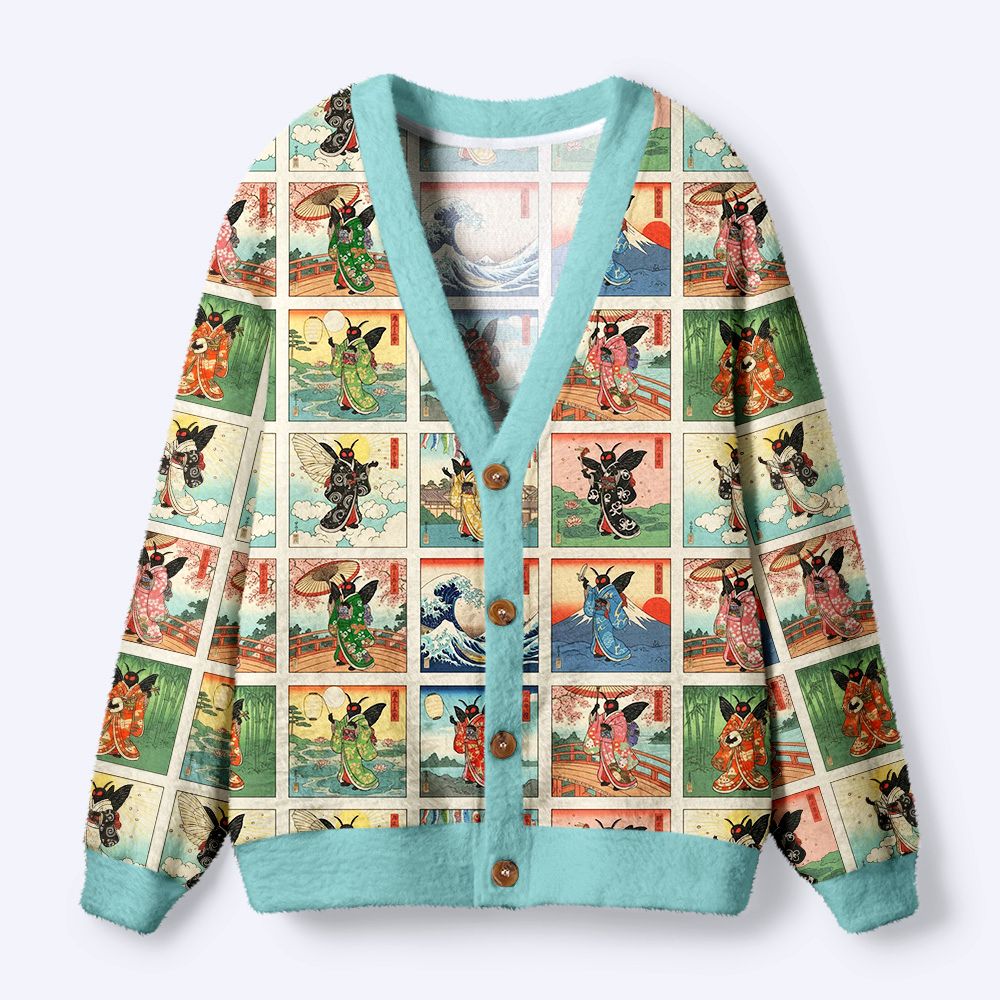 Kyoto-Lion Mothra’s Journey Through Ukiyo-e Dreams Ugly Cardigan Sweater