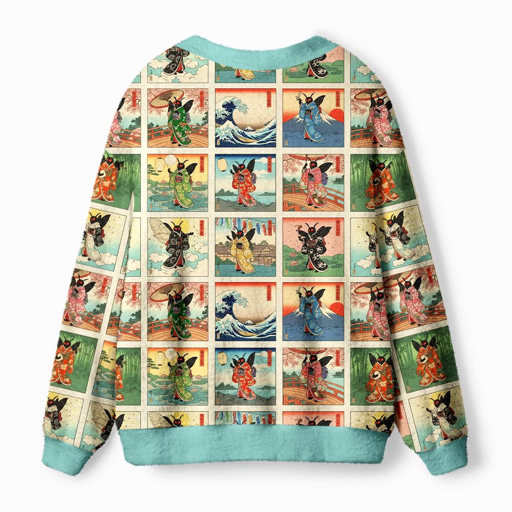 Kyoto-Lion Mothra’s Journey Through Ukiyo-e Dreams Ugly Cardigan Sweater