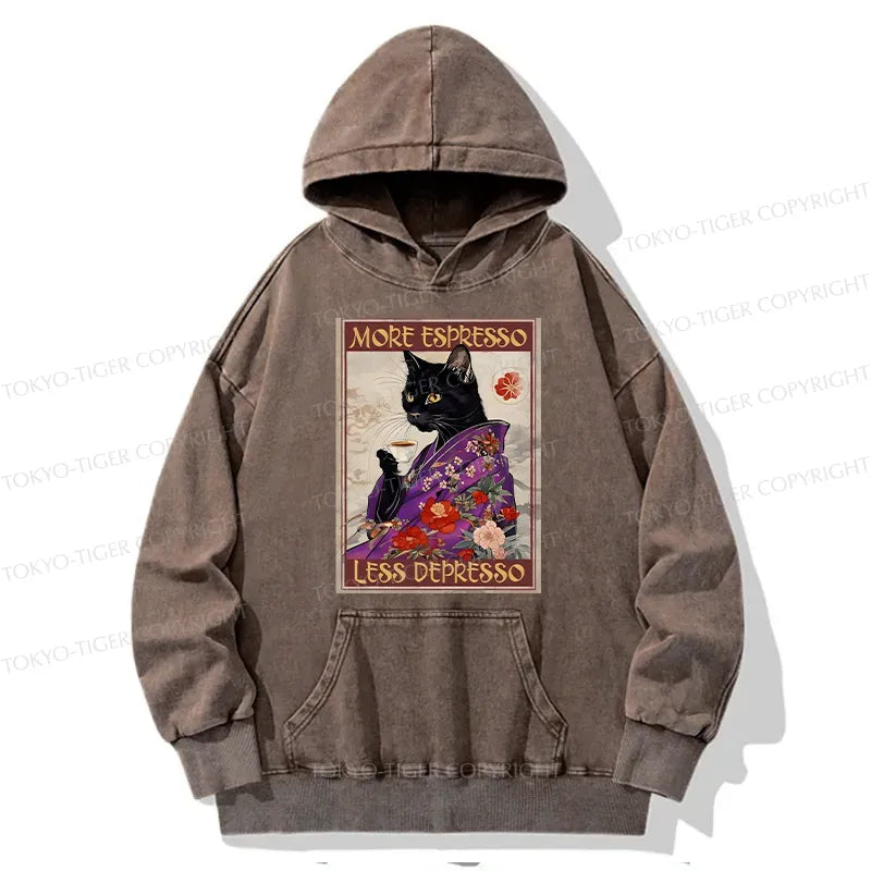 Kyoto-Lion Japanese Cat Drinking Coffee Washed Hoodie