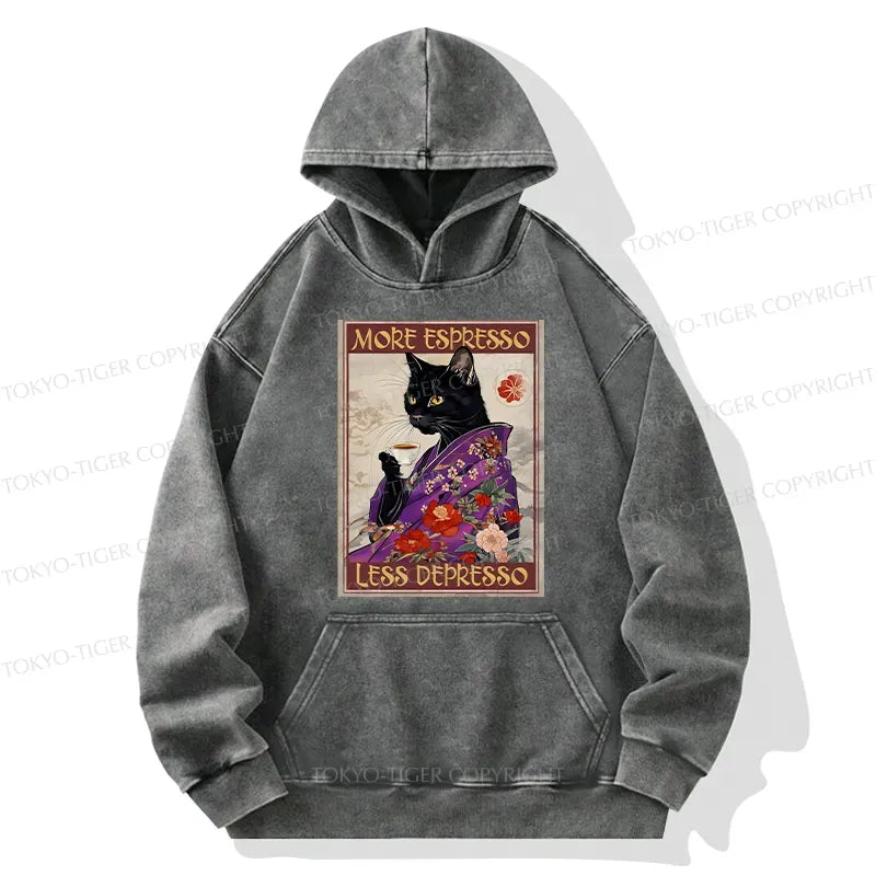 Japanese Cat Drinking Coffee Washed Hoodie