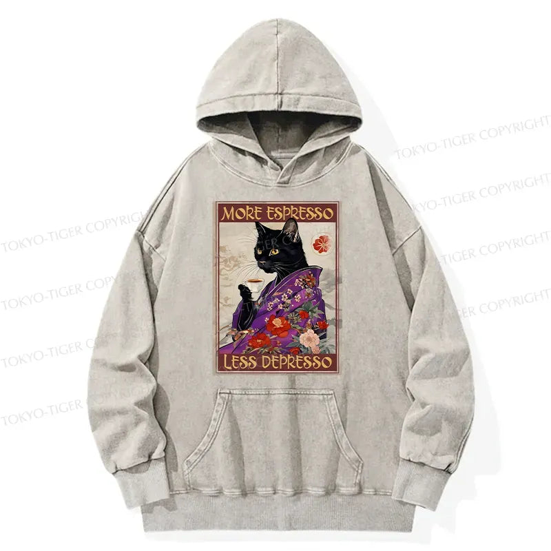 Kyoto-Lion Japanese Cat Drinking Coffee Washed Hoodie