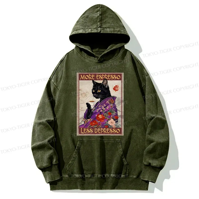 Kyoto-Lion Japanese Cat Drinking Coffee Washed Hoodie