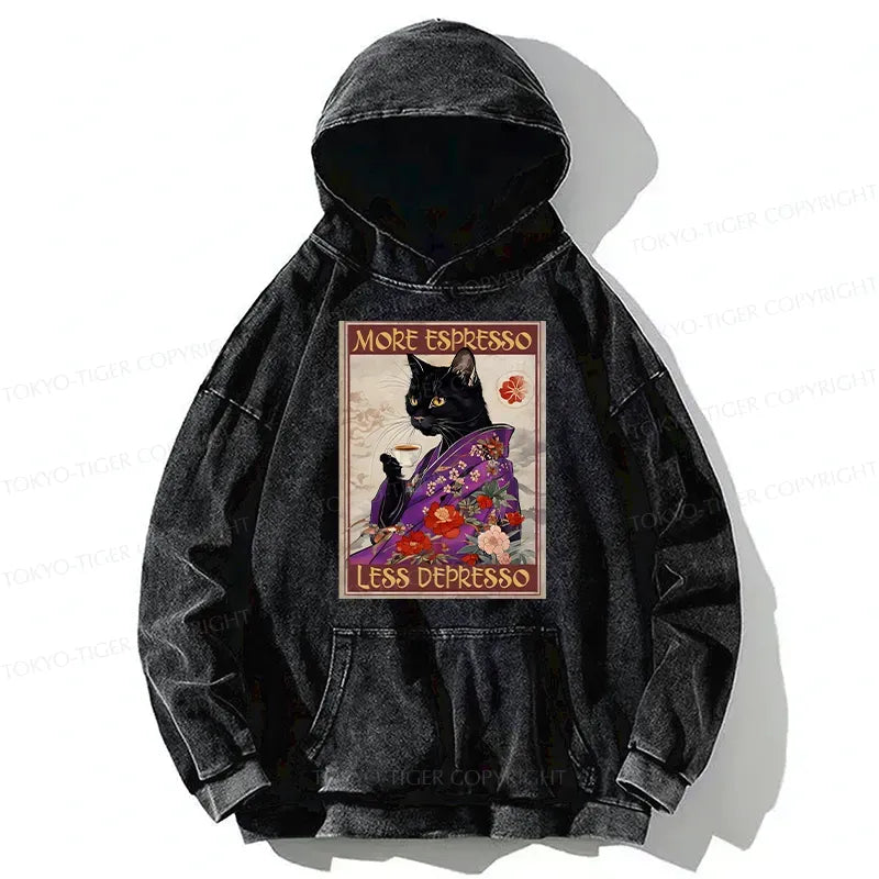 Kyoto-Lion Japanese Cat Drinking Coffee Washed Hoodie