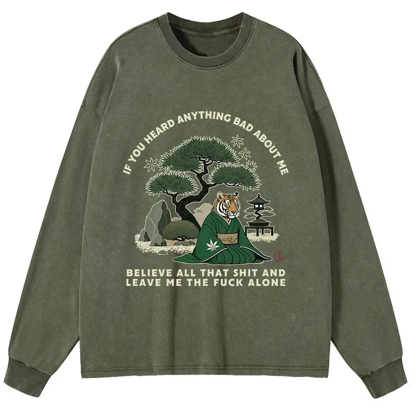 Kyoto-Lion Funny Ukiyoe Tiger Samurai Zen Washed Long Sleeve T-Shirt