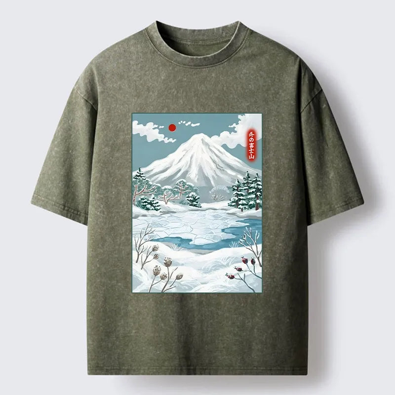 Kyoto-Lion Winter Fuji View Washed T-Shirt
