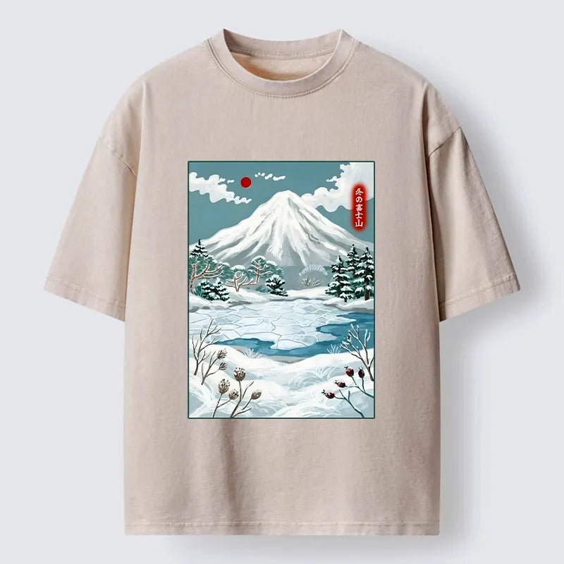 Kyoto-Lion Winter Fuji View Washed T-Shirt