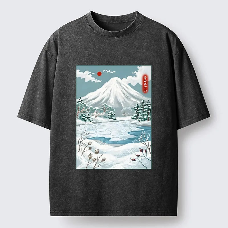 Kyoto-Lion Winter Fuji View Washed T-Shirt