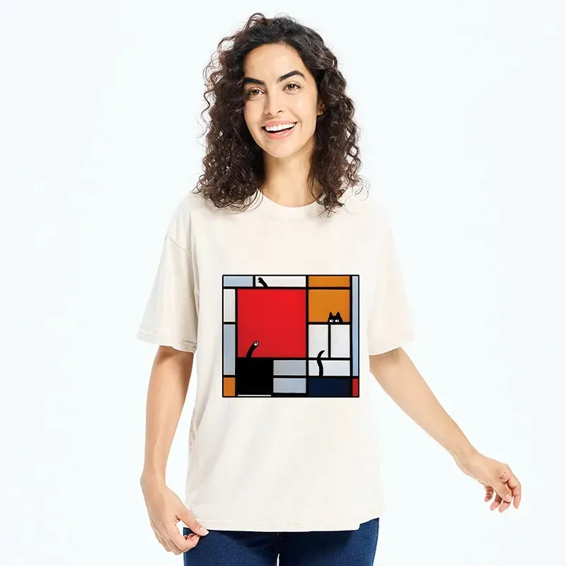 Kyoto-Lion Geometric Cat Hide And Seek Washed T-Shirt
