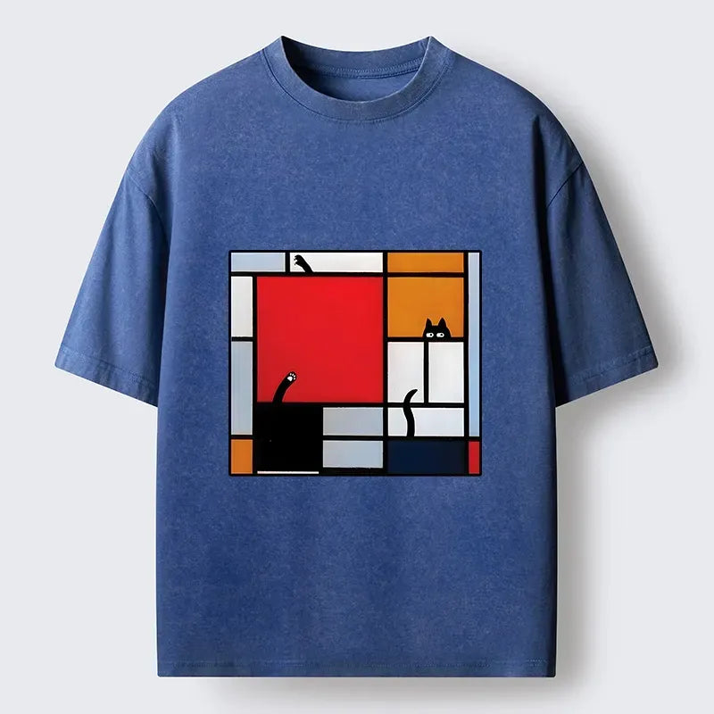 Japanese Geometric Cat Washed T-Shirt for Daily Wear