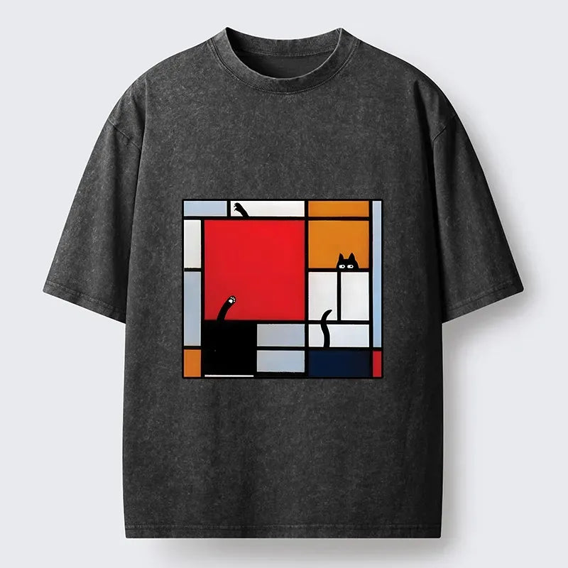 Japanese Geometric Cat Washed T-Shirt for Daily Wear