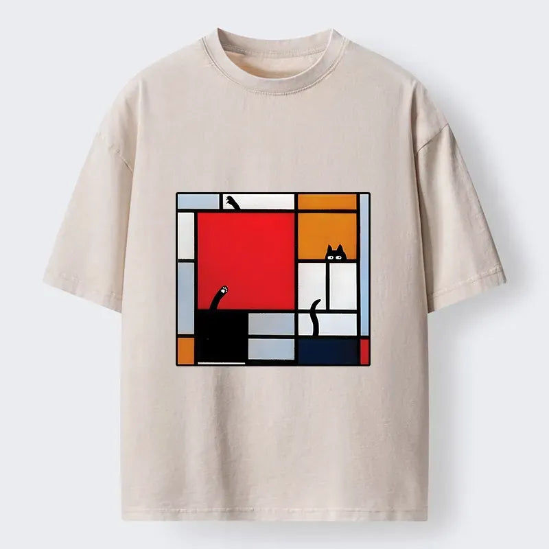 Kyoto-Lion Geometric Cat Hide And Seek Washed T-Shirt