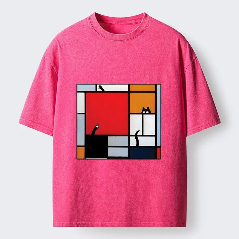 Kyoto-Lion Geometric Cat Hide And Seek Washed T-Shirt