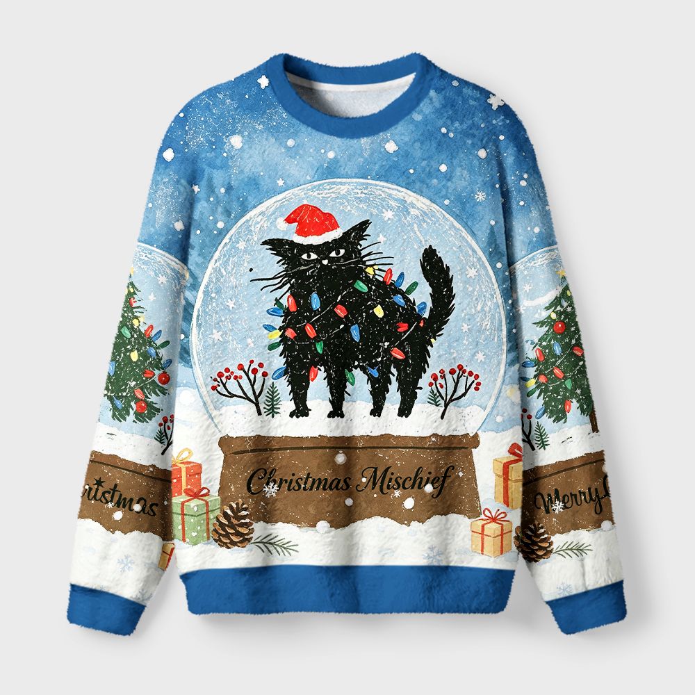 Kyoto-Lion Snowglobe Mischief Fuzzy Christmas Ugly Sweatshirt