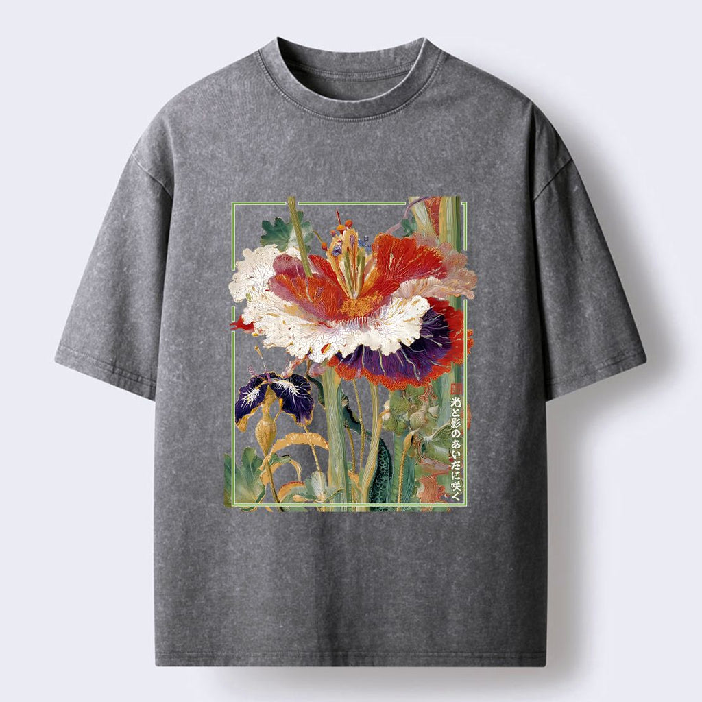 Kyoto-Lion Blooming Beautiful Flowers Washed T-Shirt