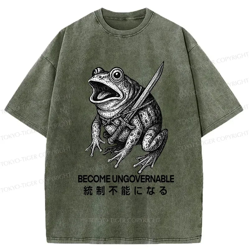 Kyoto-Lion Frog Carrying A Samurai Sword Washed T-Shirt