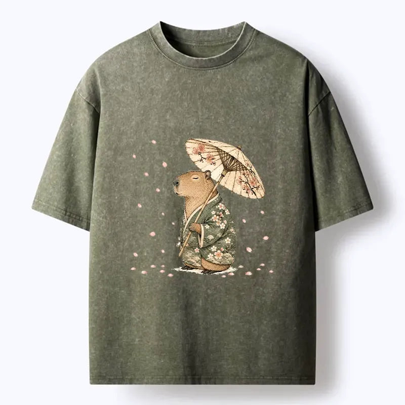 Kyoto-Lion Relaxed Capybara Spring Sakura Kimono Art Washed T-Shirt