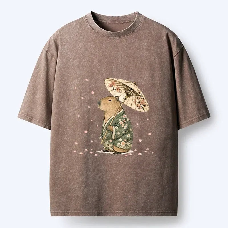 Kyoto-Lion Relaxed Capybara Spring Sakura Kimono Art Washed T-Shirt