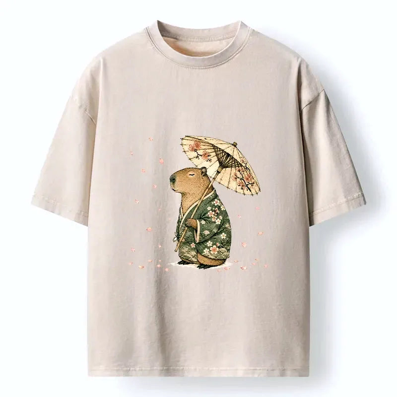 Kyoto-Lion Relaxed Capybara Spring Sakura Kimono Art Washed T-Shirt