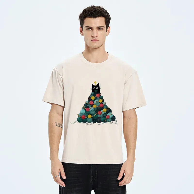 Kyoto-Lion Yarn Christmas Tree Cat Washed T-Shirt