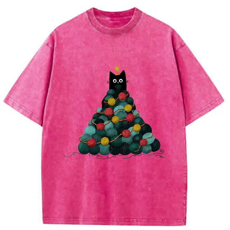 Kyoto-Lion Yarn Christmas Tree Cat Washed T-Shirt