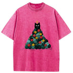 Kyoto-Lion Yarn Christmas Tree Cat Washed T-Shirt