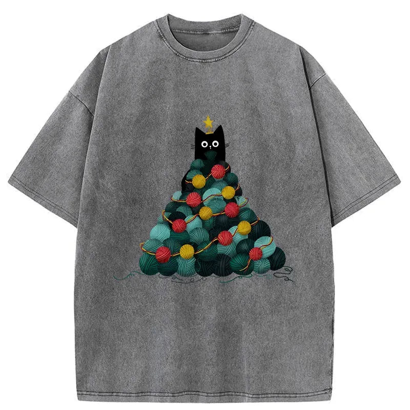 Kyoto-Lion Yarn Christmas Tree Cat Washed T-Shirt