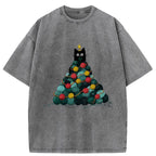Kyoto-Lion Yarn Christmas Tree Cat Washed T-Shirt