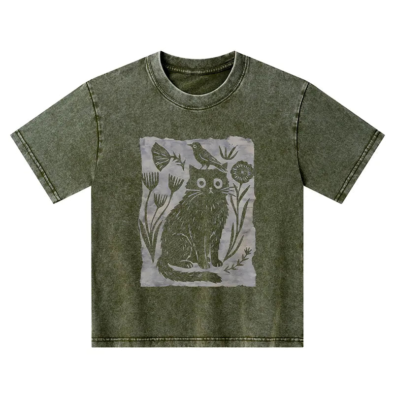 Kyoto-Lion Folk Paper Cut Cat Bird Floral Art Kids Washed T-Shirt