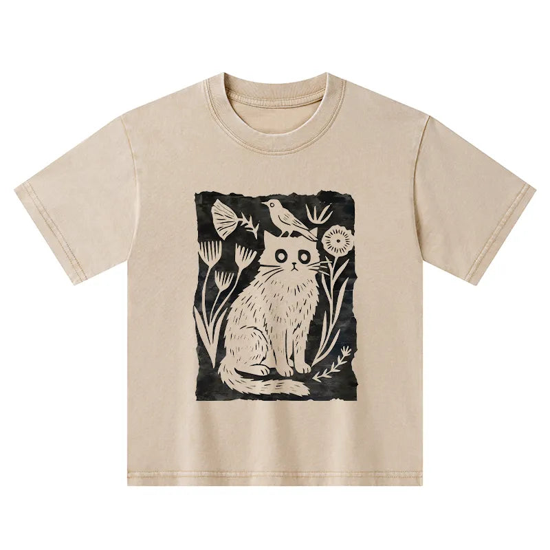 Kyoto-Lion Folk Paper Cut Cat Bird Floral Art Kids Washed T-Shirt