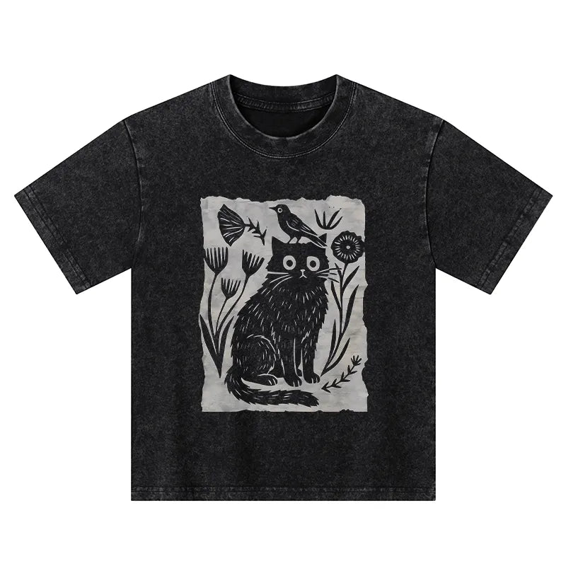 Kyoto-Lion Folk Paper Cut Cat Bird Floral Art Kids Washed T-Shirt