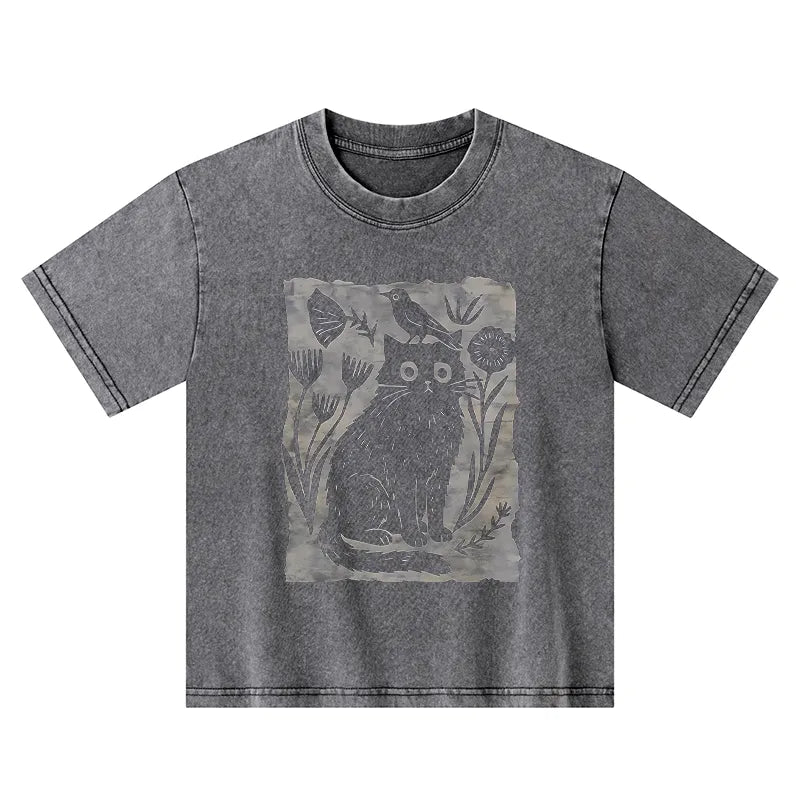 Kyoto-Lion Folk Paper Cut Cat Bird Floral Art Kids Washed T-Shirt
