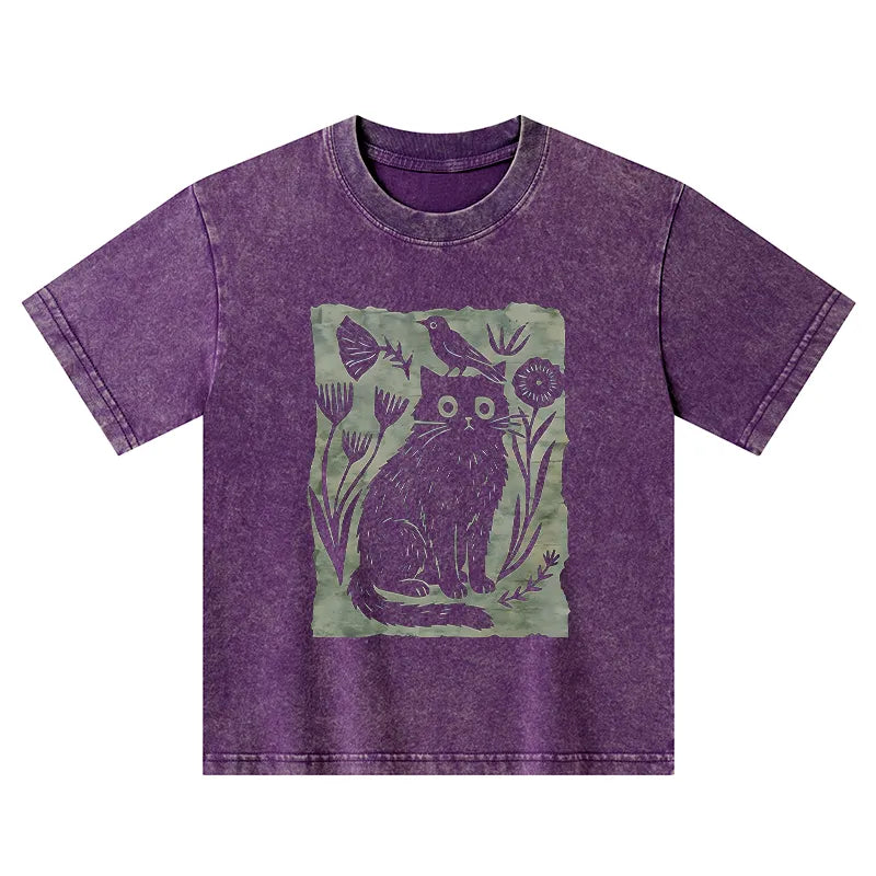 Kyoto-Lion Folk Paper Cut Cat Bird Floral Art Kids Washed T-Shirt