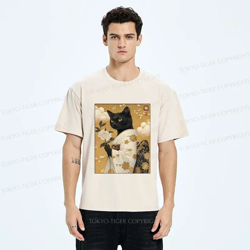 Kyoto-Lion Retro Black Cat Holding A Flower Washed T-Shirt