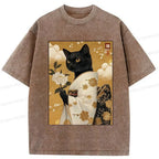 Japanese Retro Black Cat T-Shirt for Gift