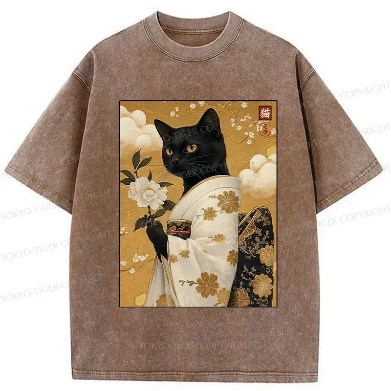 Japanese Retro Black Cat T-Shirt for Gift