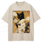 Japanese Retro Black Cat T-Shirt for Gift