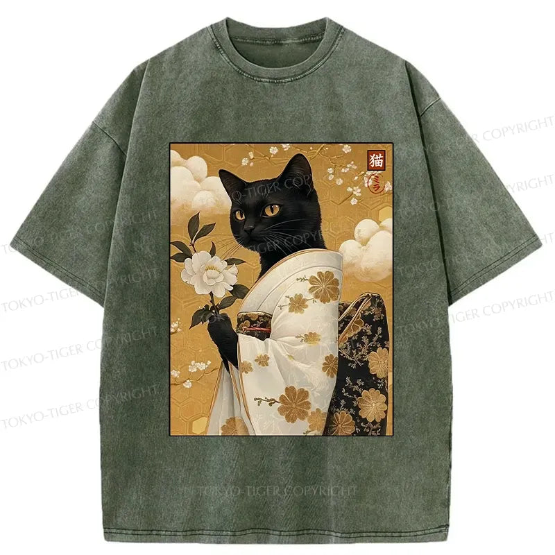 Kyoto-Lion Retro Black Cat Holding A Flower Washed T-Shirt