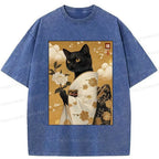 Japanese Retro Black Cat T-Shirt for Gift