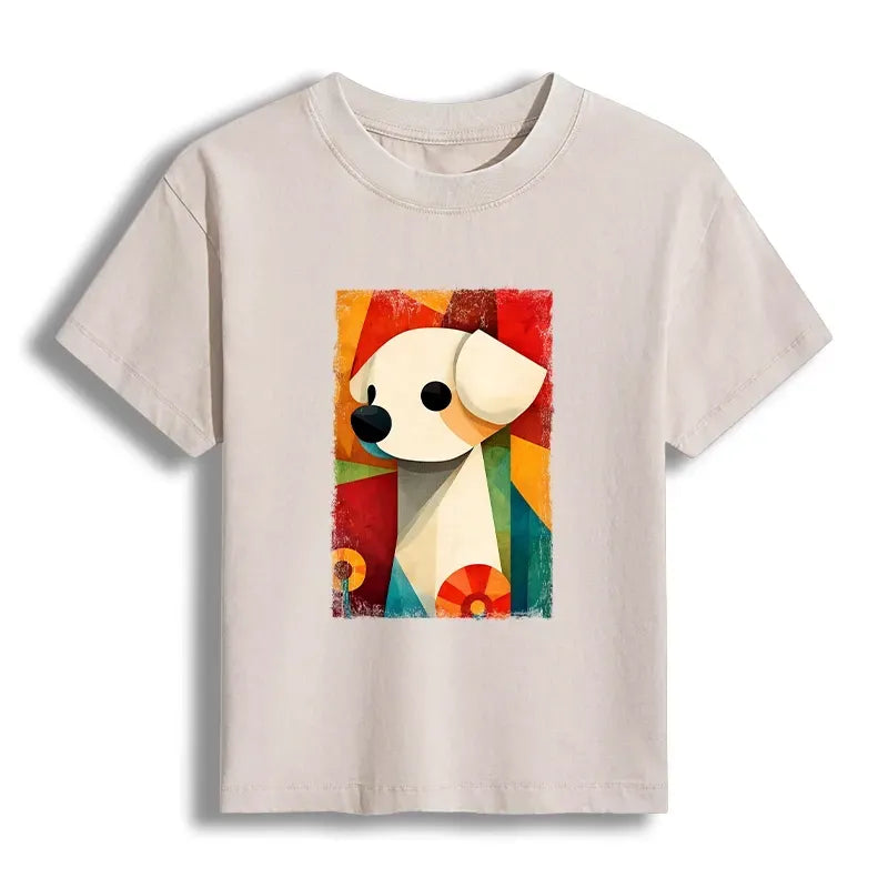 Kyoto-Lion Retro Abstract Color Block Puppy Art Women's Washed T-shirt