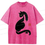 Kyoto-Lion Elegant Black Cat Japan Washed T-Shirt